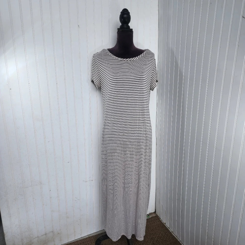 Forever Rose Couture Women's Plus Black Beige Stretch Striped T-shirt Dress 2X